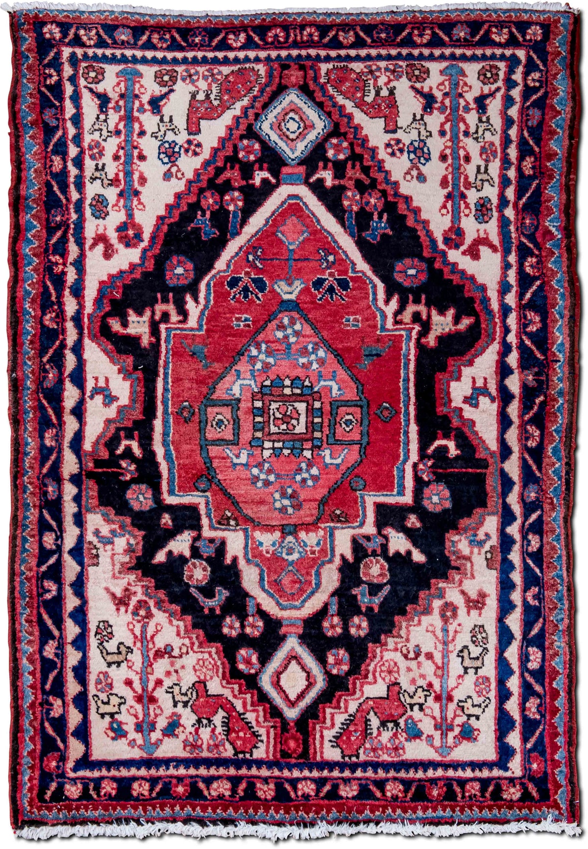 Red, Black & Cream Wool Rug, 5′ × 3′