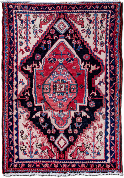 Red, Black & Cream Wool Rug, 5′ × 3′