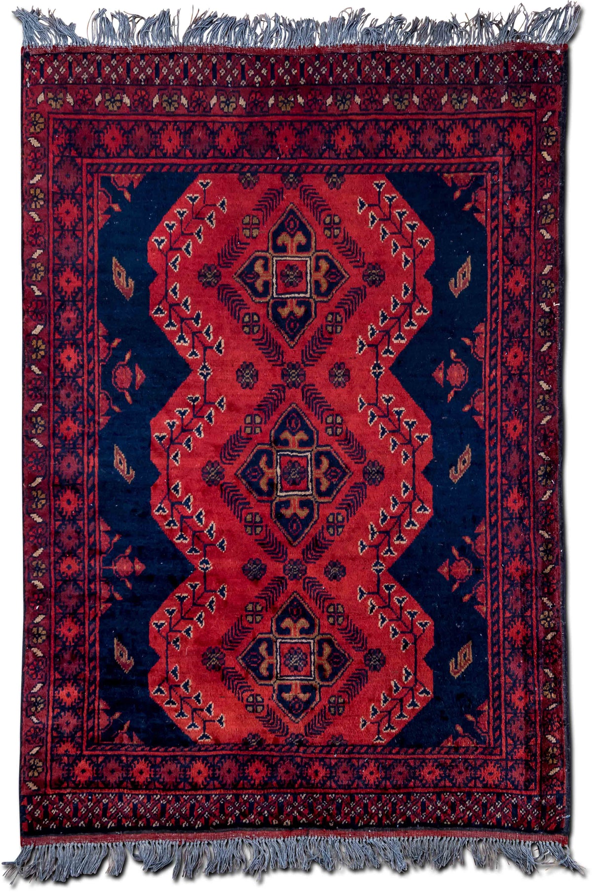 Tribal-Style Red & Blue Lozenge Wool Rug, 4′9″ × 3′9″