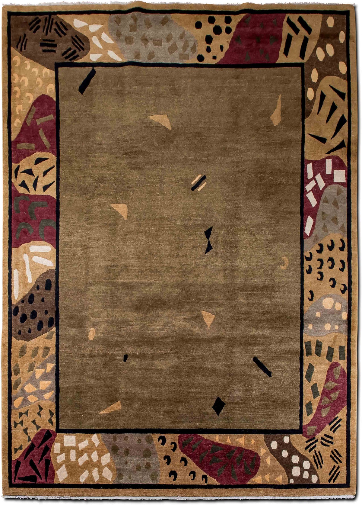 Bordered Abstract Brown & Maroon Wool Rug