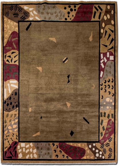 Bordered Abstract Brown & Maroon Wool Rug