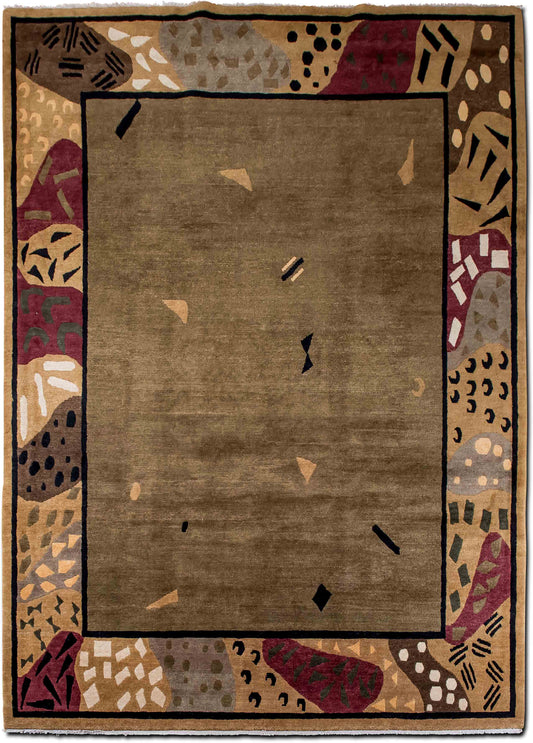 Bordered Abstract Brown & Maroon Wool Rug