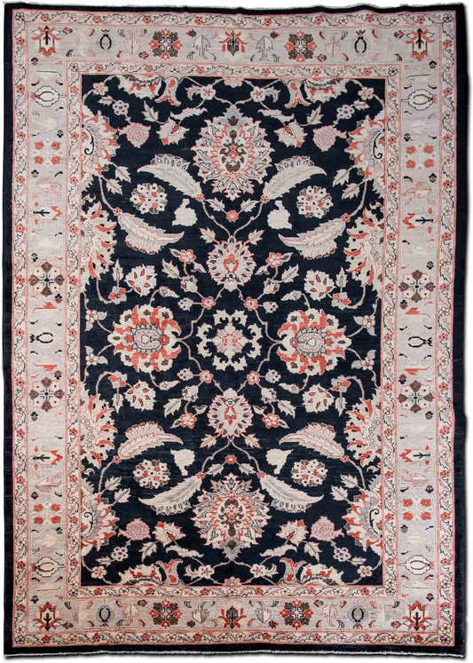 Afghan-Style Wool Rug in Black, Beige & Red, 10′ × 7′