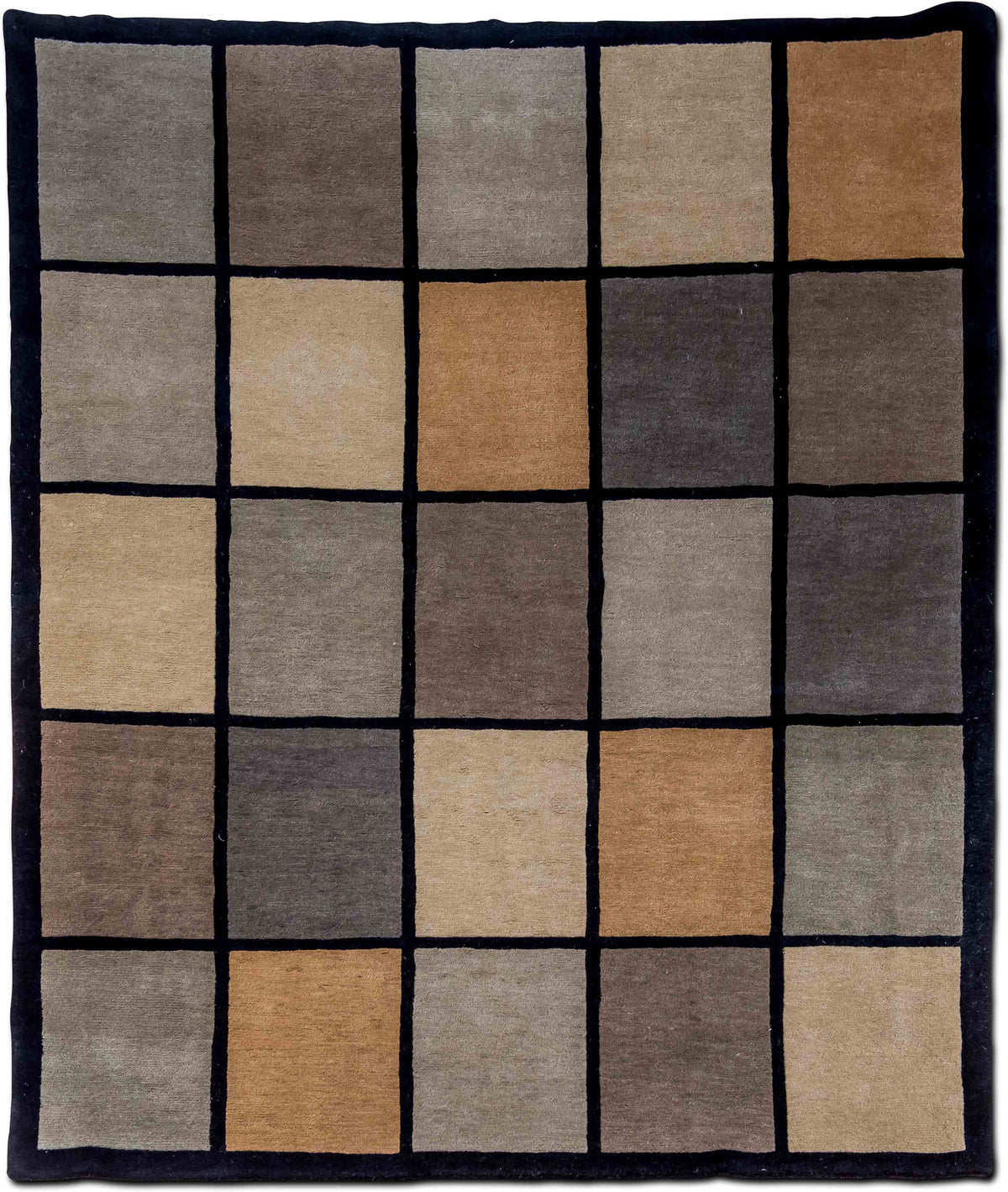 Square Grid Wool Rug in Grey, Beige & Black