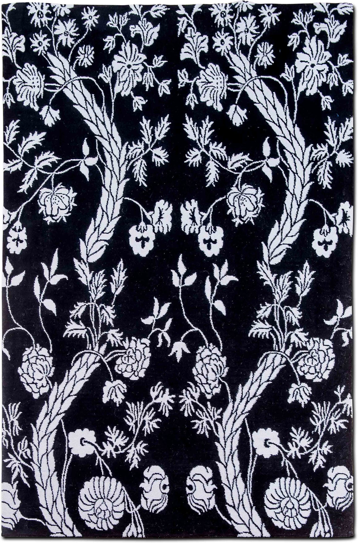 Botanical Ivory on Black — Hand-Knotted Wool Rug, 8′ × 6′