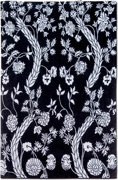 Botanical Ivory on Black — Hand-Knotted Wool Rug, 8′ × 6′