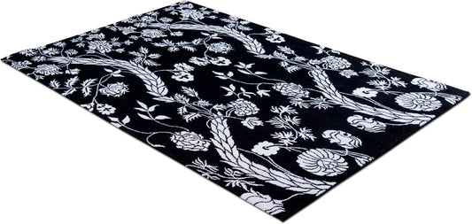 Botanical Ivory on Black — Hand-Knotted Wool Rug, 8′ × 6′