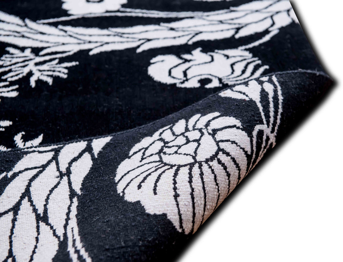 Botanical Ivory on Black — Hand-Knotted Wool Rug, 8′ × 6′