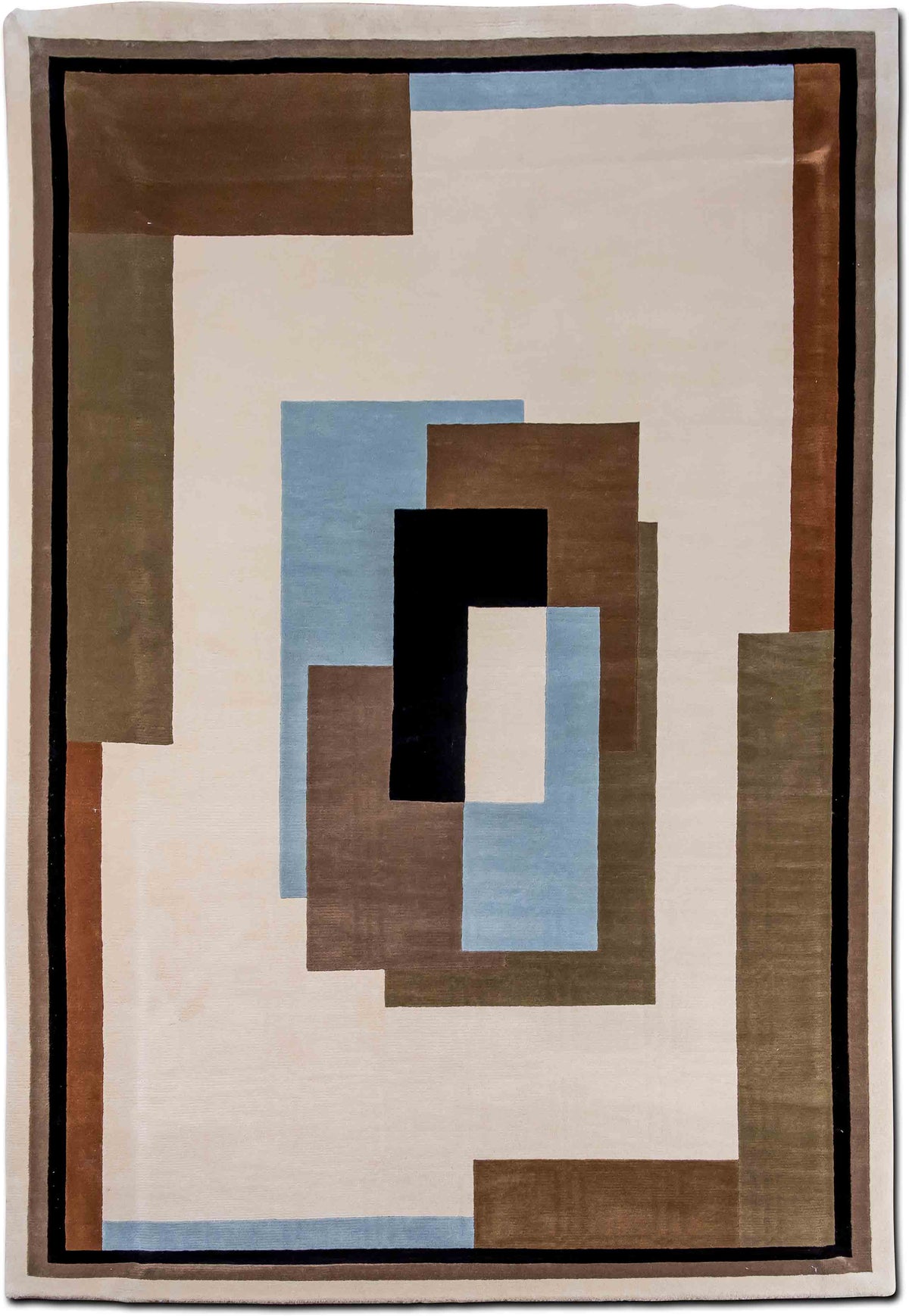 Interlocking Rectangles Taupe & Blue — Hand-Knotted Wool Rug