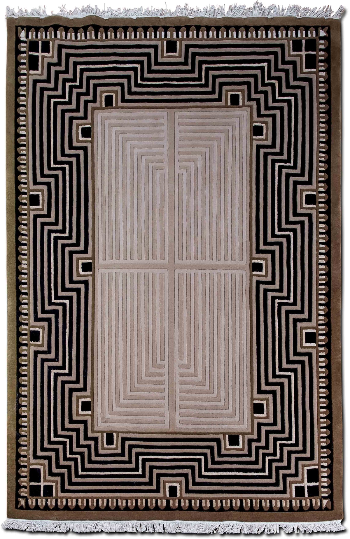 Labyrinth Border Beige & Black — Hand-Knotted Wool Rug, 7′5″ × 5′3″