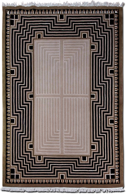 Labyrinth Border Beige & Black — Hand-Knotted Wool Rug, 7′5″ × 5′3″