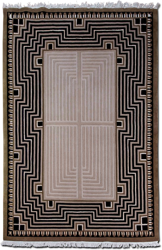 Labyrinth Border Beige & Black — Hand-Knotted Wool Rug, 7′5″ × 5′3″
