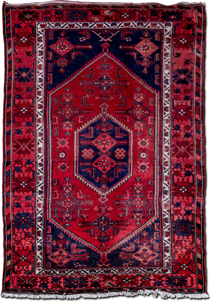 Tribal Medallion Red & Blue — Hand-Knotted Wool Rug, 6′7″ × 4′3″