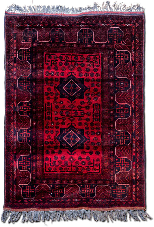 Tribal Symbols Red & Navy — Hand-Knotted Wool Rug, 5′ × 3′