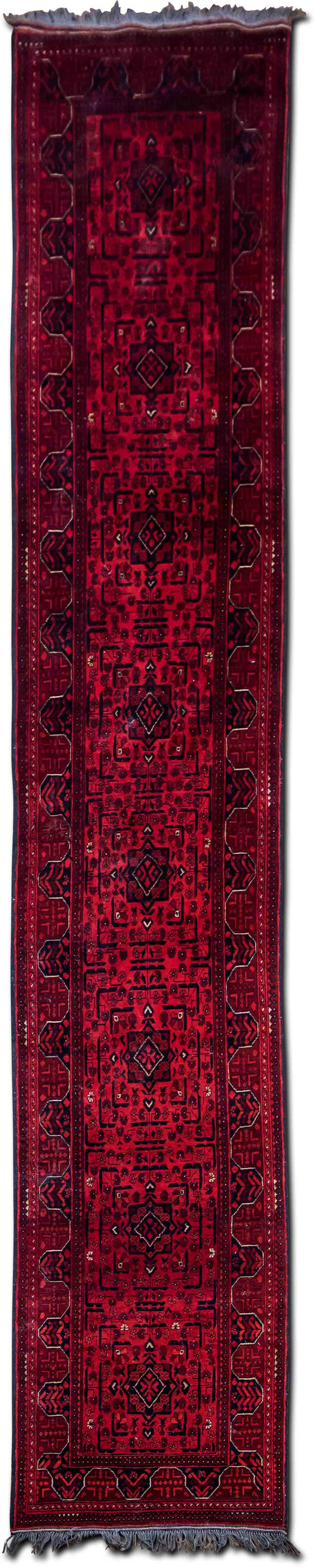 Crimson Rhythm Runner — Hand-Knotted Wool Rug, 15′7″ × 2′10″