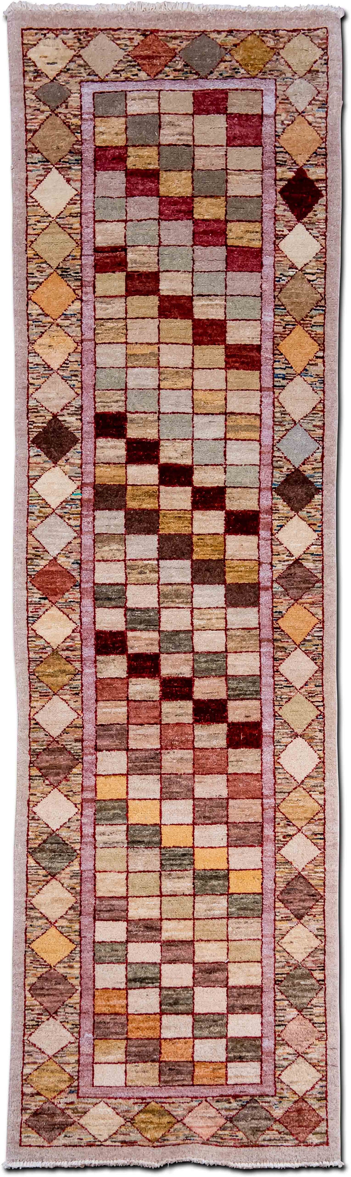Checkerboard Multi-Colour Runner — Hand-Knotted Wool Rug, 9′4″ × 2′7″