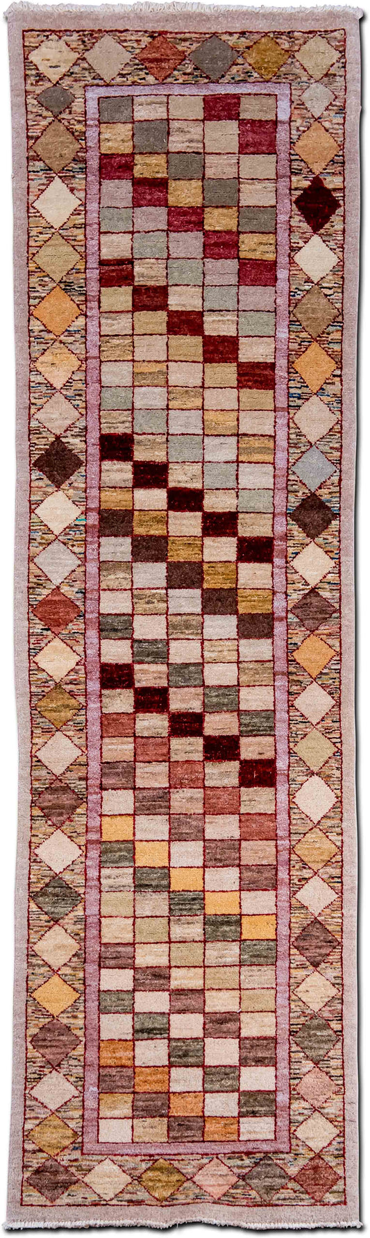 Checkerboard Multi-Colour Runner — Hand-Knotted Wool Rug, 9′4″ × 2′7″